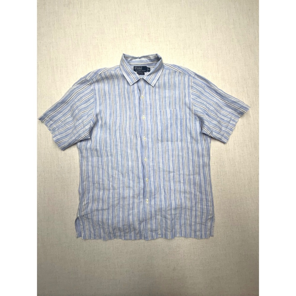 VTG Polo Ralph Lauren Caldwell Shirt Mens Medium Blue White Striped 100% Linen